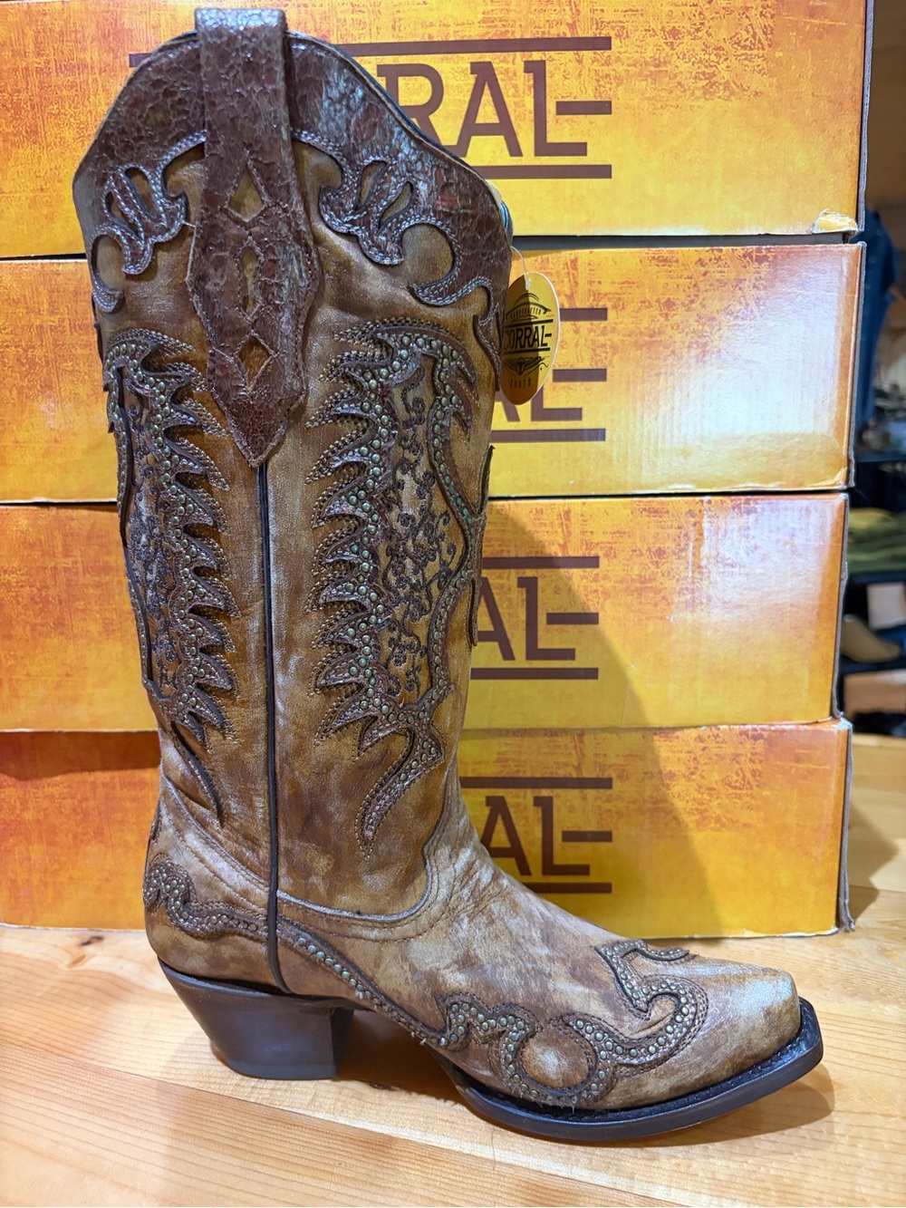 Corral Distressed Brown Leather Embroidered Western Heel Boot with Studs